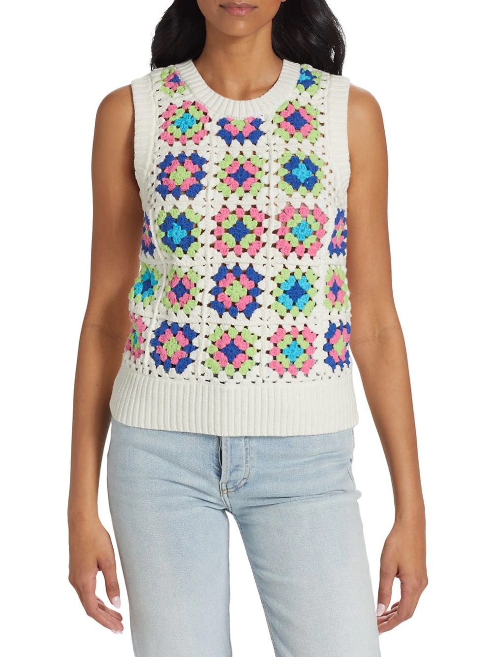 Design 365 Crochet Granny Square Sleeveless Sweater Tank White Multicolor